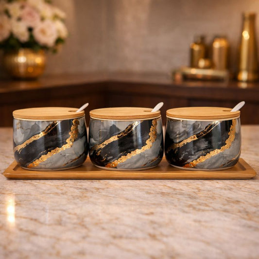 Elegant 3-Piece Marble-Patterned Ceramic Spice Jar Set – Luxury Jars with Bamboo Lids (Random) - Trenducts.pk