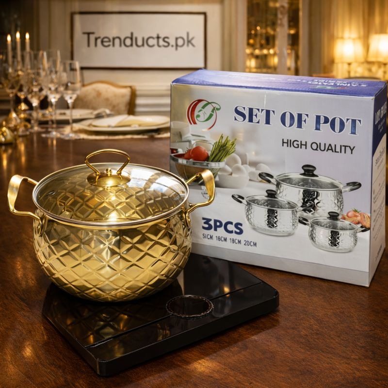 3pcs golden stainless steel cooking pots with glass lids Trenducts.pk