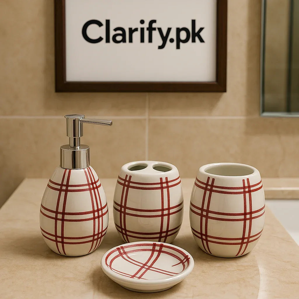 4Pcs Luxury Bath Set – Red & White Bathroom Accessories - Clarify.pk