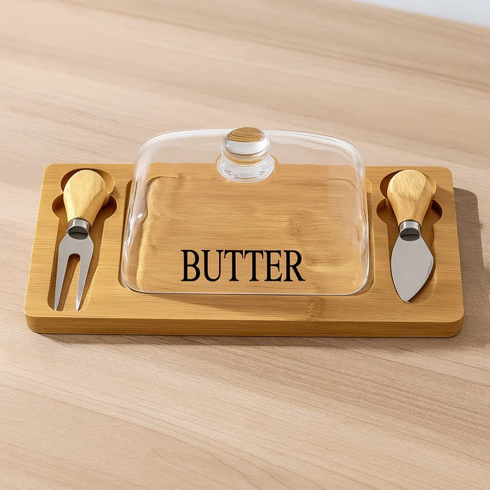 Luxury Glass Butter Dish with Dual Knife Bamboo Base MJ