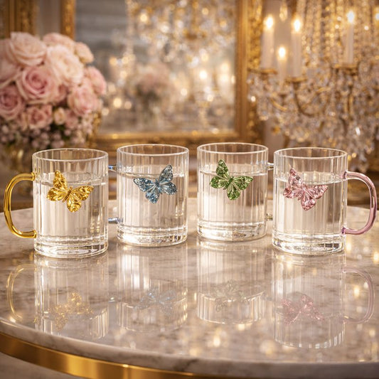 Luxury 3D Butterfly Striped Glass Mug - Creative Colored Handle Tea & Coffee Cup - Trenducts.pk