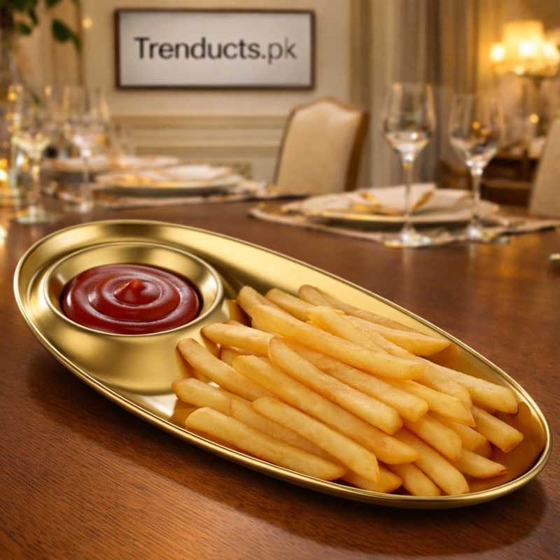 Golden stainless steel snack plate with sauce compartment for fries and snacks