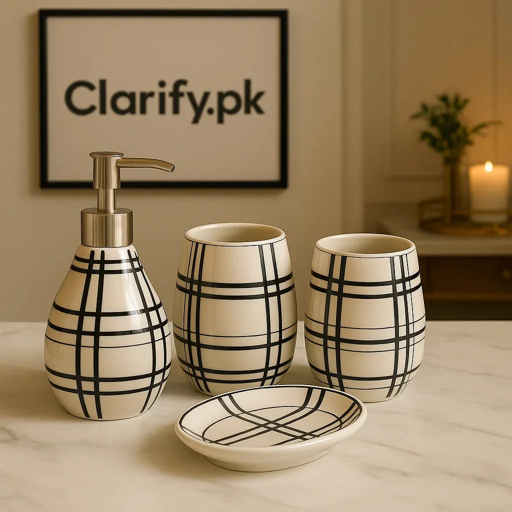 4Pcs Luxury Bath Set – Black & White Bathroom Accessories - Clarify.pk