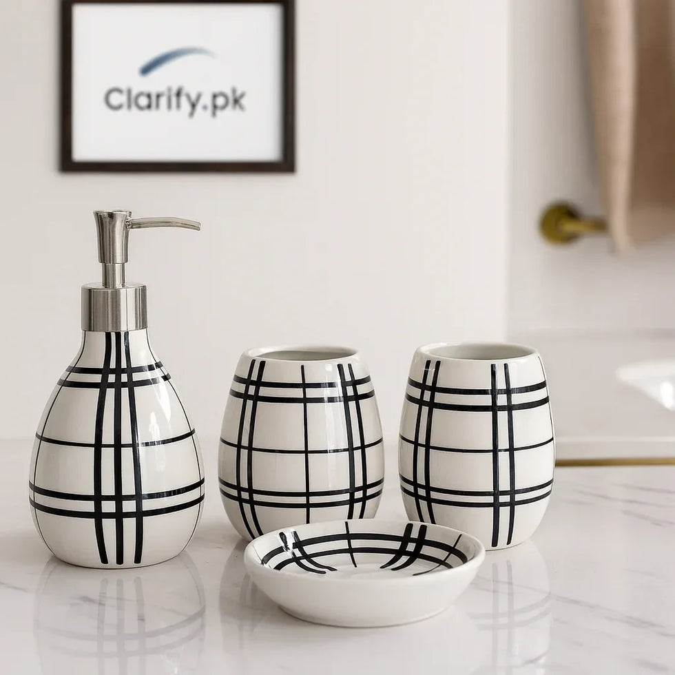4Pcs Luxury Bath Set – Black & White Bathroom Accessories - Clarify.pk