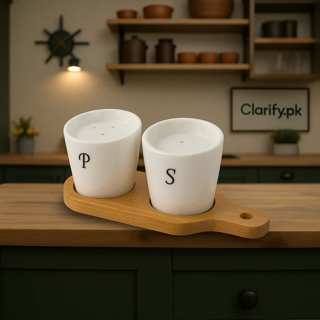 Ceramic Salt & Pepper Set – Bamboo Tray - Clarify.pk