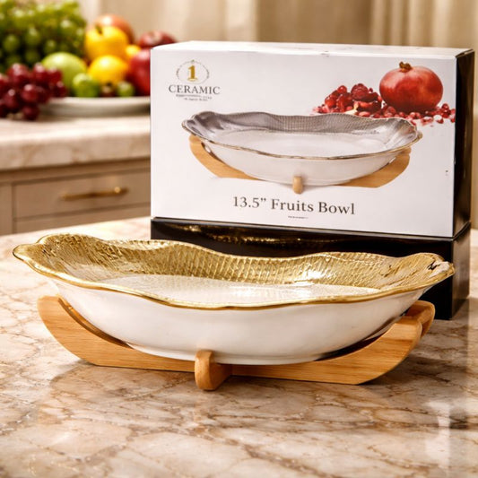 Large Ceramic Serving Platter – Scalloped Aesthetic Bowl with Natural Wood Base - Trenducts.pk