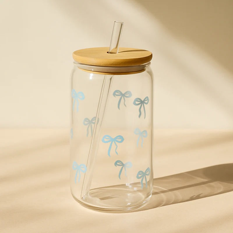 Bow Style Mason Jar – Aesthetic Glass Tumbler with Bamboo Lid MJ