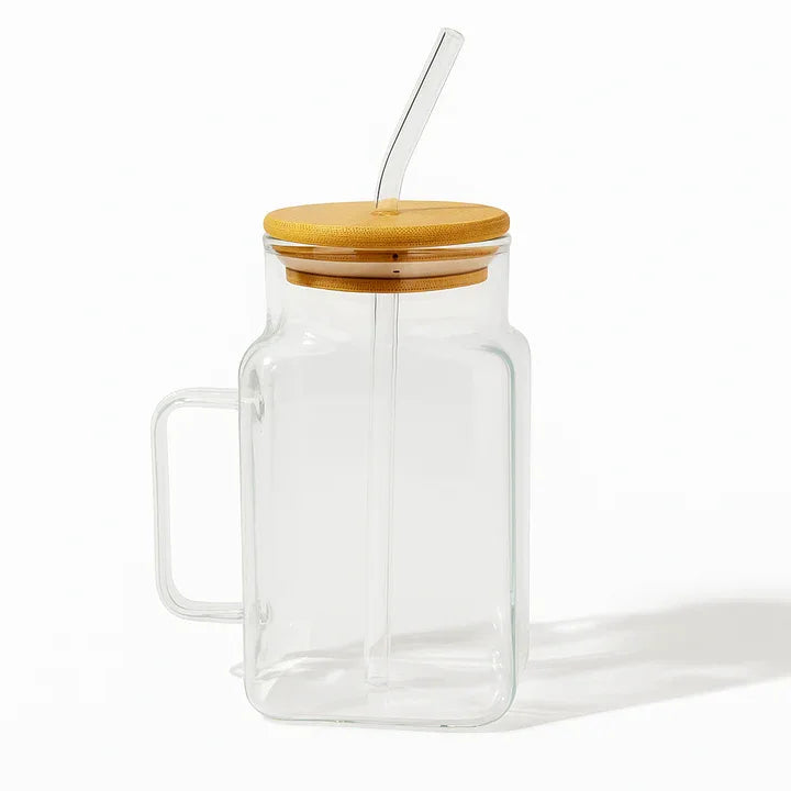 Mason Jar Glass with Handle & Bamboo Lid – Aesthetic - Clarify.pk