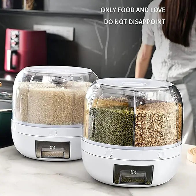 360° rotating 6-grid grain dispenser, one-touch output storage container for rice grain sealing and moisture-proof organizer
