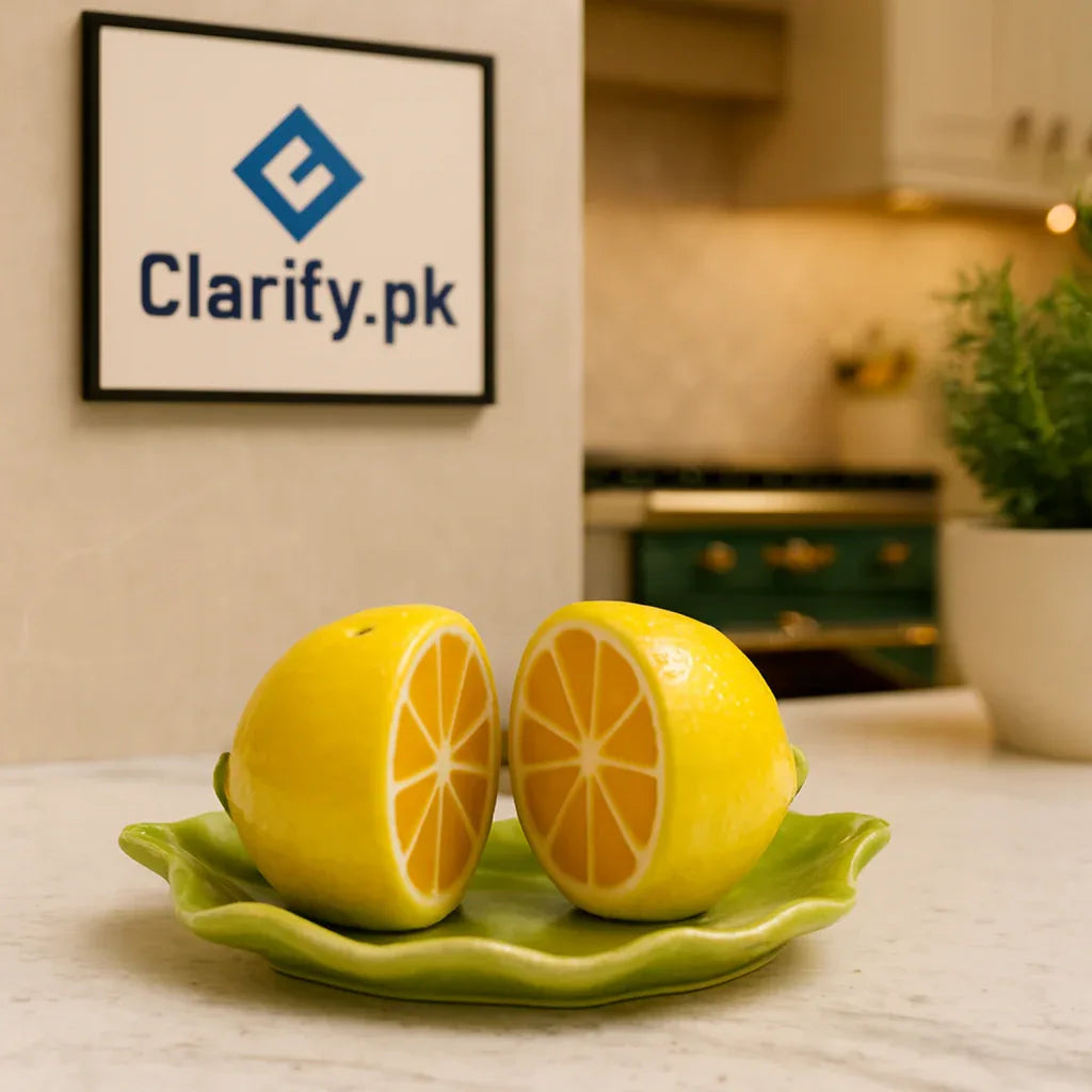 Lemon Shape Ceramic Salt & Pepper Shakers with Green Tray – Cute Table Set - Clarify.pk