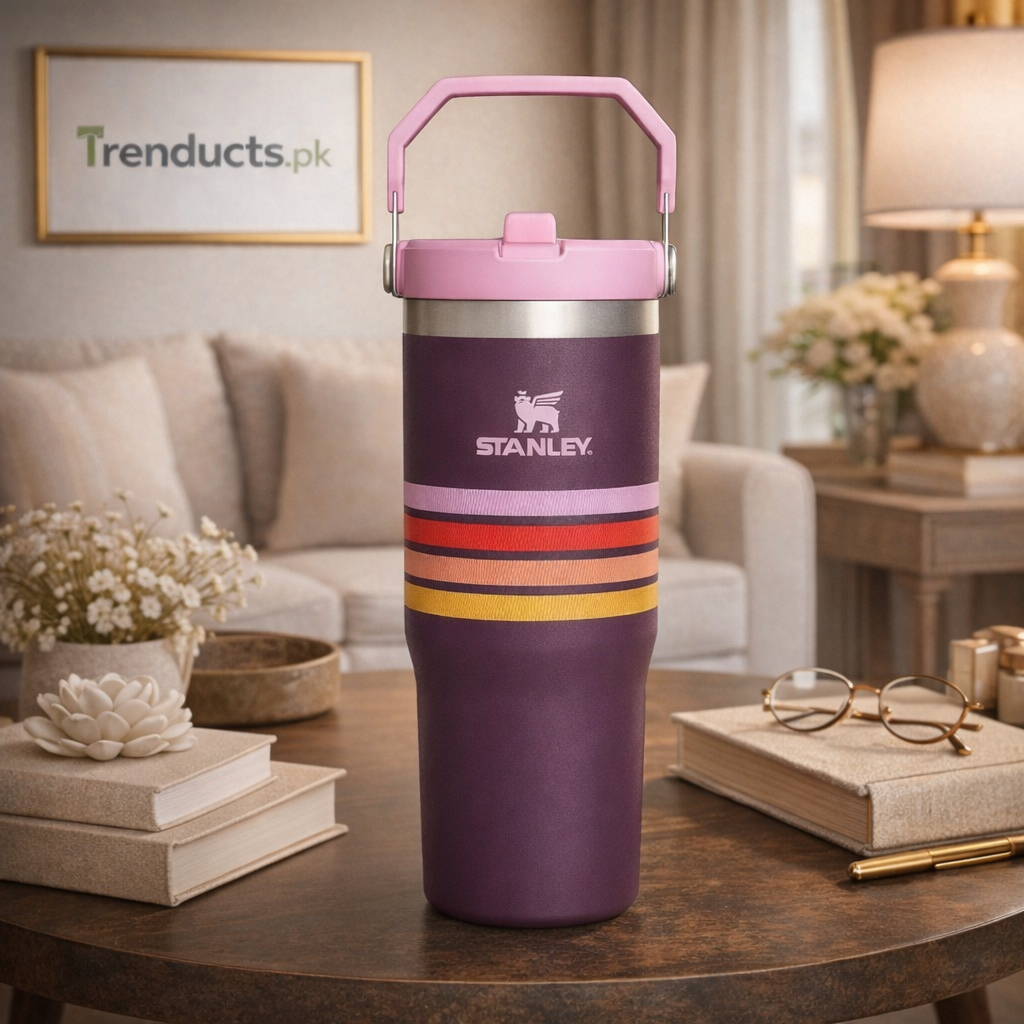 Stanley 30oz IceFlow Flip Straw Tumbler in Plum Stripe with pink lid and carry handle - Trenducts Pakistan