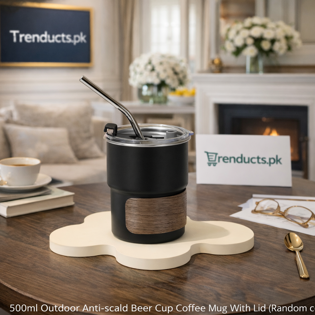 Matte black and white 500ml coffee mugs with wood-grain protective sleeves and metal straws - Trenducts Pakistan