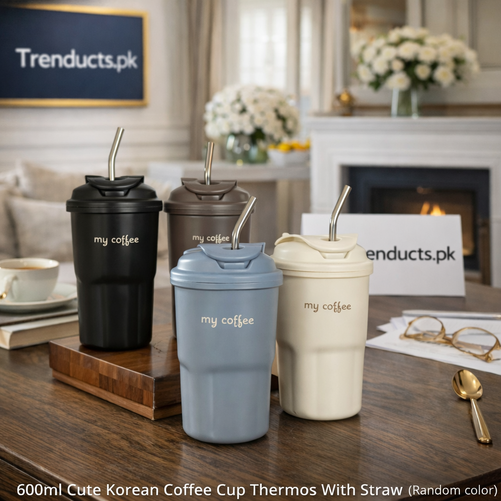 Matte black 600ml insulated coffee mug with 'my coffee' text and a reusable straw - Trenducts Pakistan