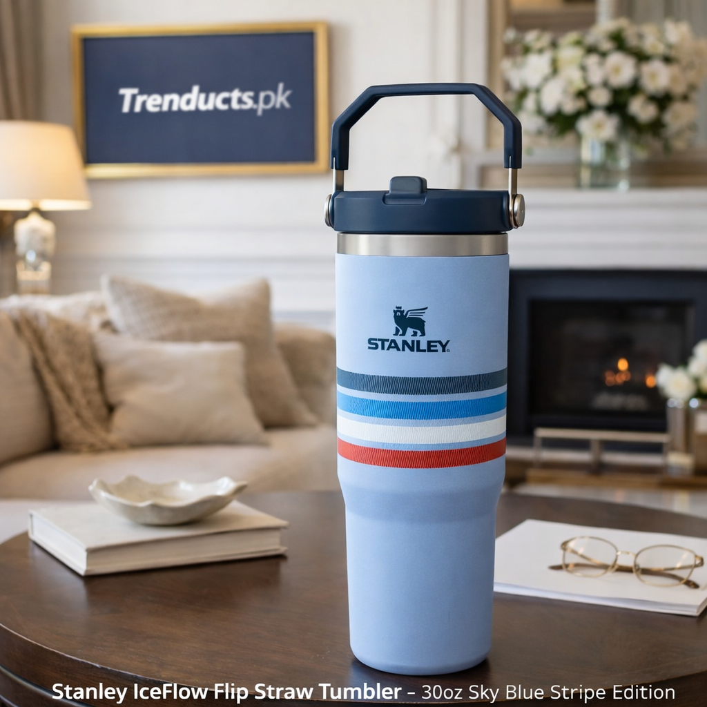 Stanley 30oz IceFlow Flip Straw Tumbler in Cornflower Stripe blue with navy and red accents - Trenducts Pakistan