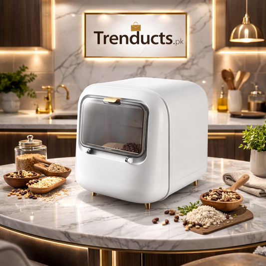 Trenducts 10kg airtight rice and grain storage container in white and green for Pakistani kitchen organization.