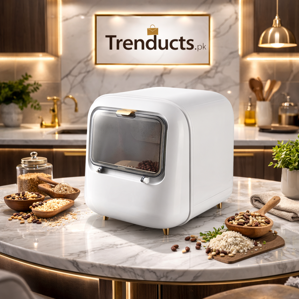 Trenducts 10kg airtight rice and grain storage container in white and green for Pakistani kitchen organization.