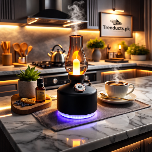 "Vintage lantern style aroma diffuser with warm flickering LED light on a wooden table."

"Retro black ultrasonic cool mist humidifier for aromatherapy in Pakistan."