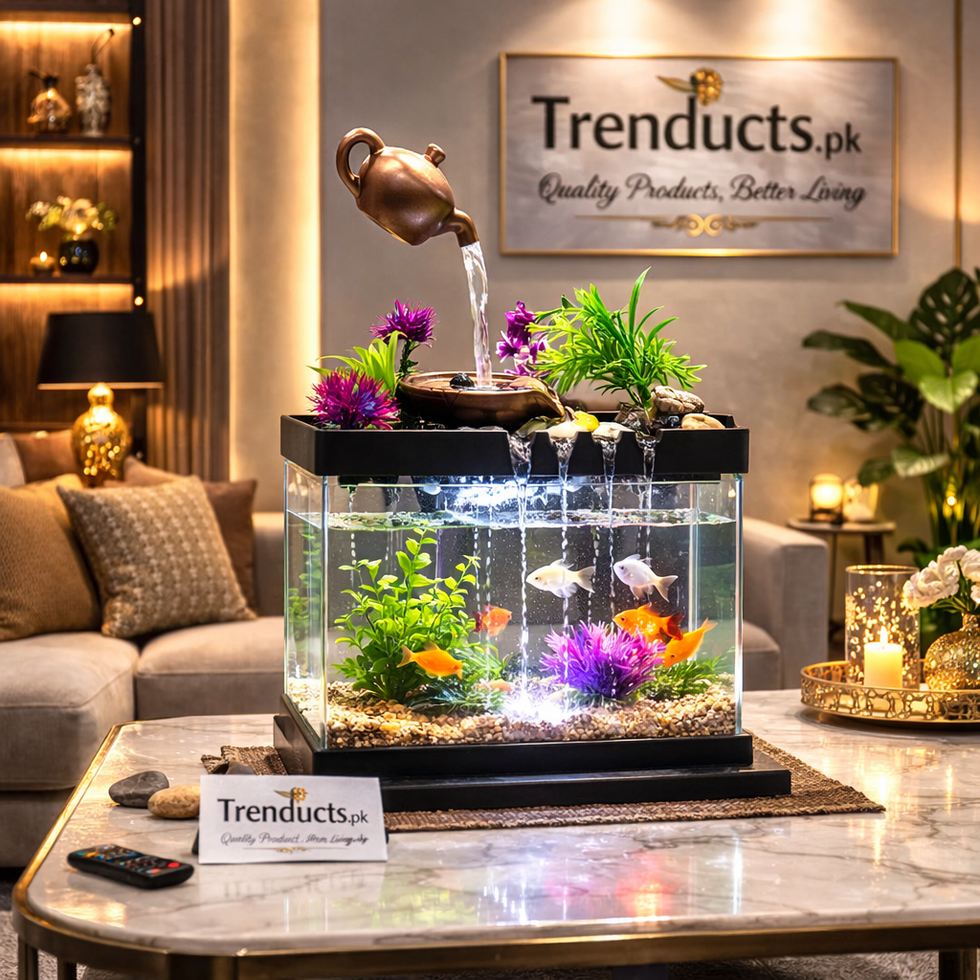 Trenducts electric fish aquarium fountain with color-changing LED lights and synthetic swimming fish on a desk.