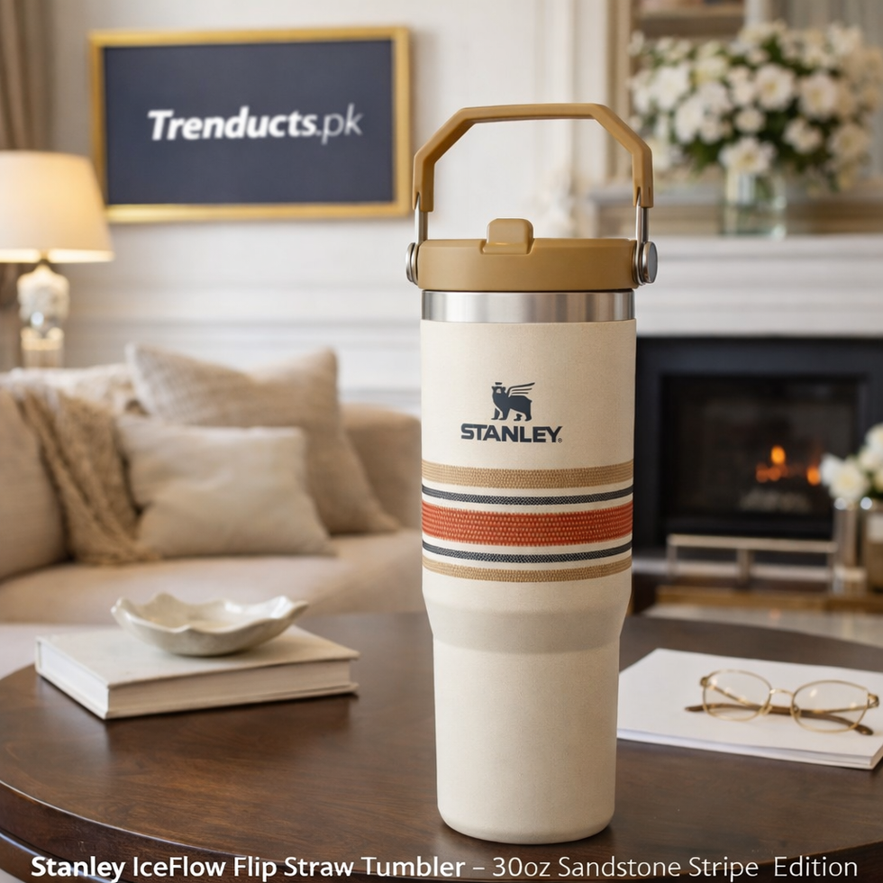 Stanley 30oz IceFlow Flip Straw Tumbler in Cream Mesh with tan lid and orange accents - Trenducts Pakistan
