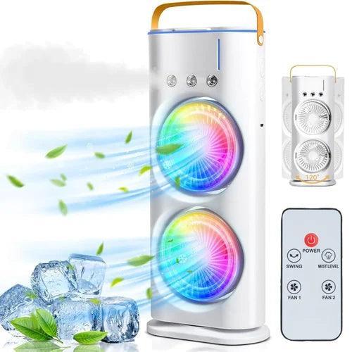 Rechargeable Mist Fan - Dual Spray with Automatic Rotation and Lighting Effects - Clarify.pk