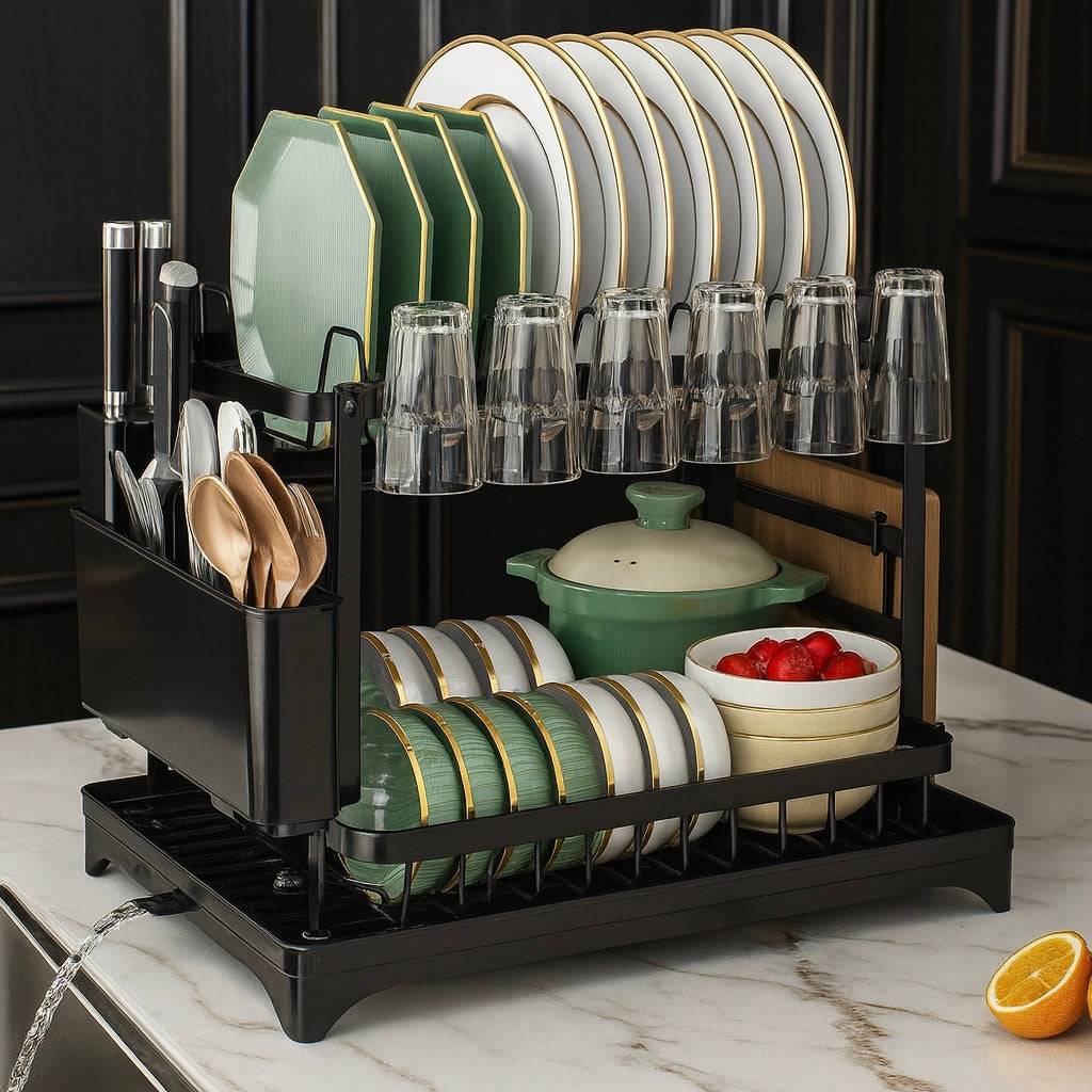 2 Tier Dish Drying Rack with Utensil Holder - Trenducts.pk