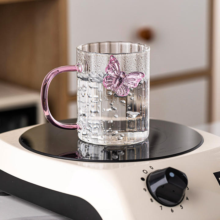 High Borosilicate 3d Butterfly Striped Glass Water Cup Creative Colored Handle Glass Water Cup