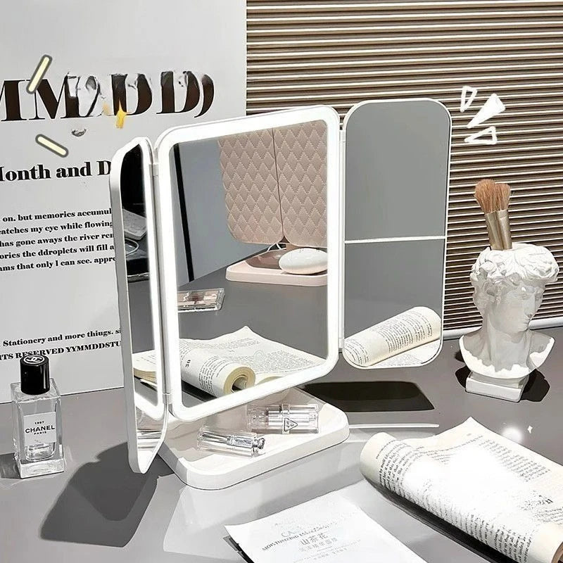 Dual Door 3-Fold Makeup Mirror with LED Lights, Touch Control Vanity Mirror with 360° Rotation, for Home Dorm Desktop wholesale