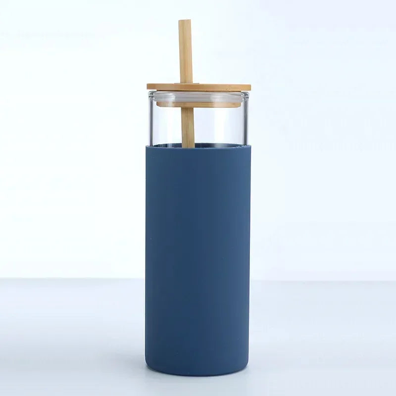 Glass Tumbler with Bamboo Lid With Random Color Cover - Clarify.pk