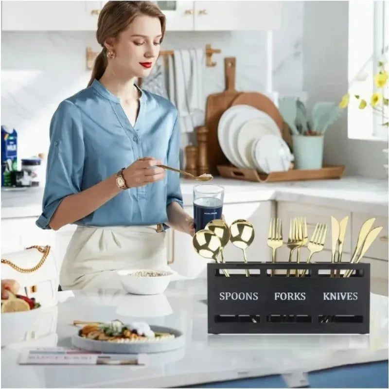 Wooden Cutlery Organizer Box – Multi-Compartment Storage - Clarify.pk