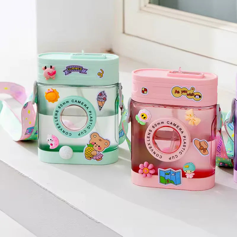 400ml Camera-Shaped Water Bottle – Kawaii Straw Bottle with Strap - Clarify.pk