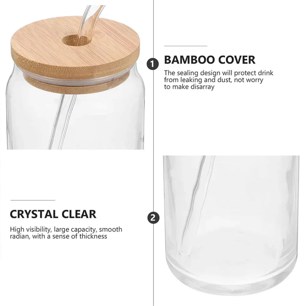 Glass Cup with Bamboo Lid & Straw – 350ml Mason Jar - Clarify.pk