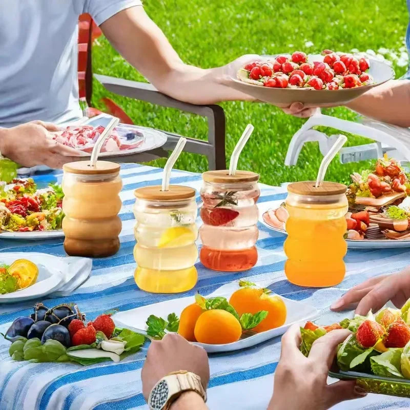 Heat-Resistant Glass Cup with Lid & Straw – Wave Design - Clarify.pk