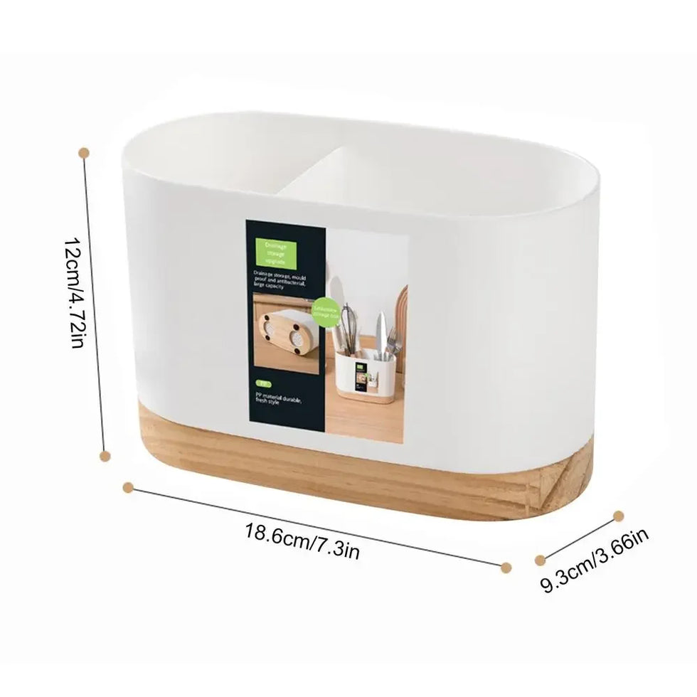 Kitchen Tableware Utensil Holder with Wooden Base – Cutlery Drainer - Clarify.pk