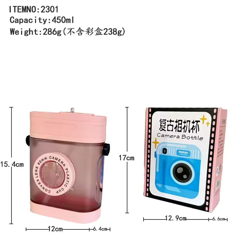 400ml Camera-Shaped Water Bottle – Kawaii Straw Bottle with Strap - Clarify.pk