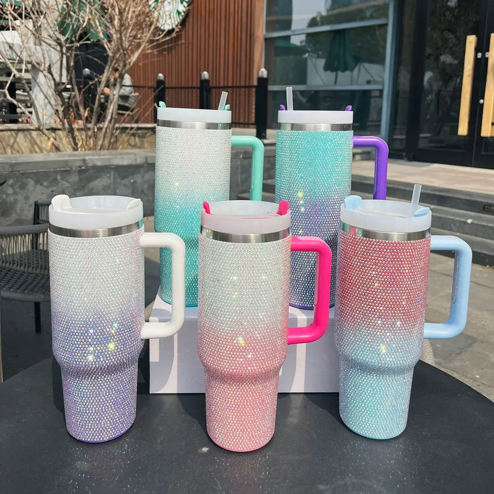 40oz Rhinestone Double Shade Tumbler with Handle (Random color) - Clarify.pk