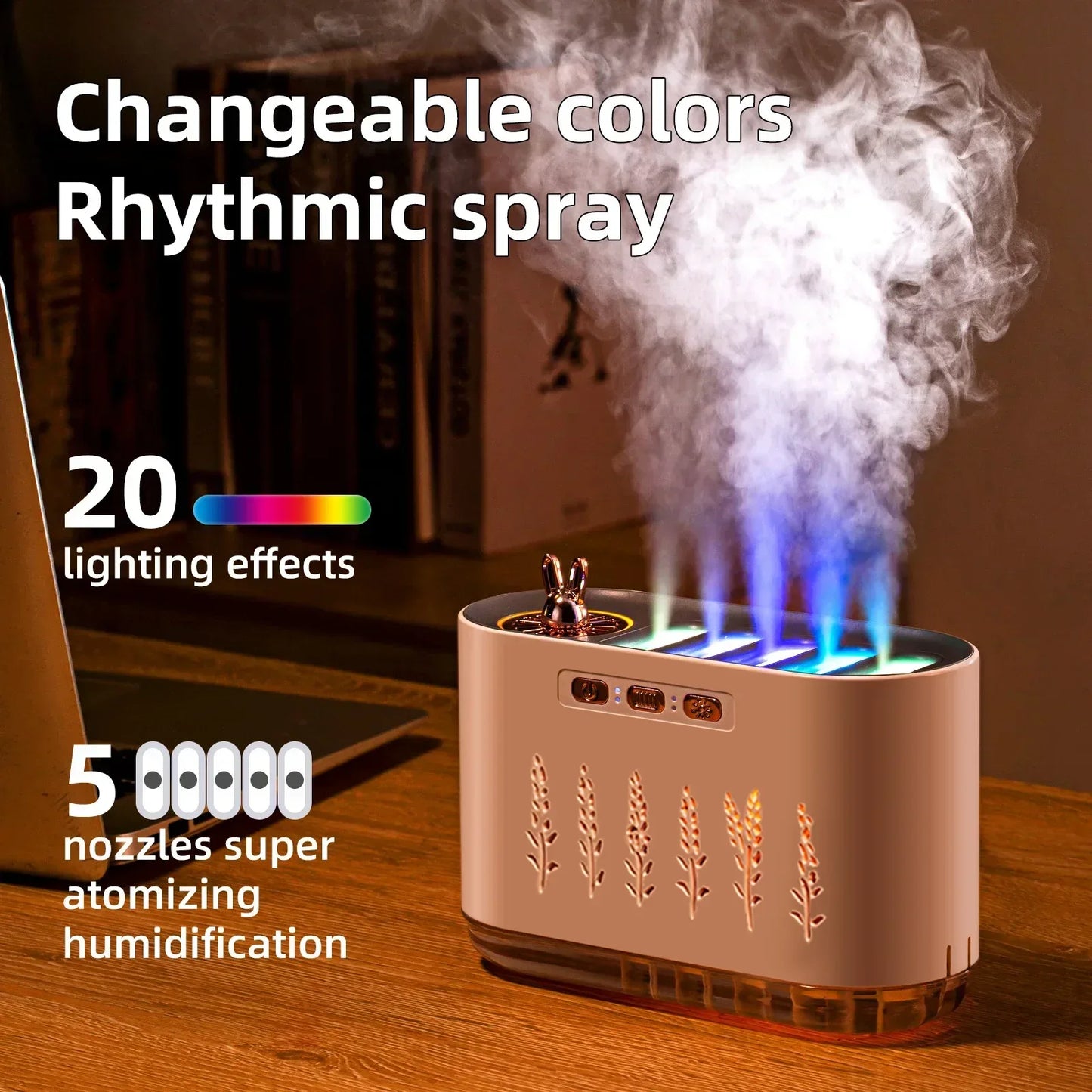 Silent 5-Hole Air Humidifier with Aromatherapy Light - Clarify.pk