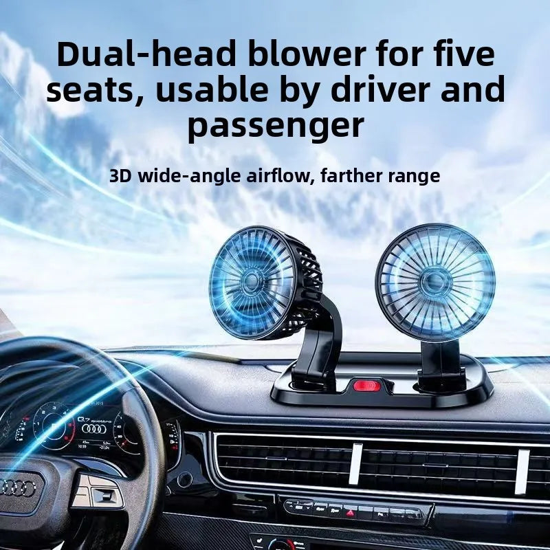 Dual head 360 degree 12V car cooling fan installed on dashboard