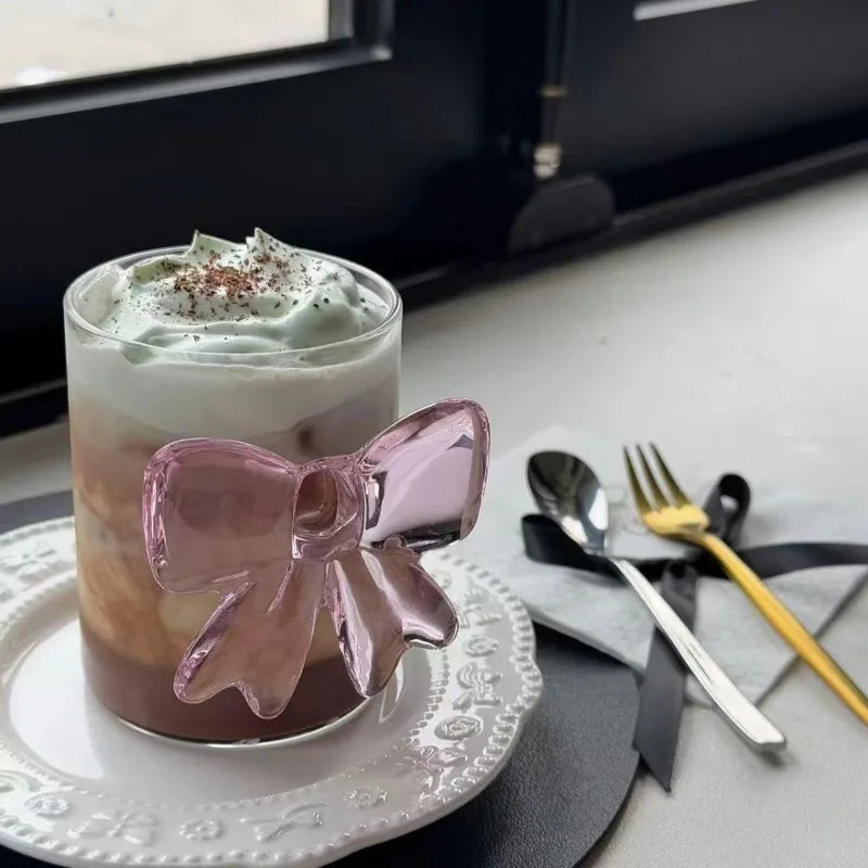 Bow Design Glass Tumbler, Heat-resistant Coffee Cup for Women, Cute Office & Home Drinkware with Elegant Straw, Kawaii Gift Set