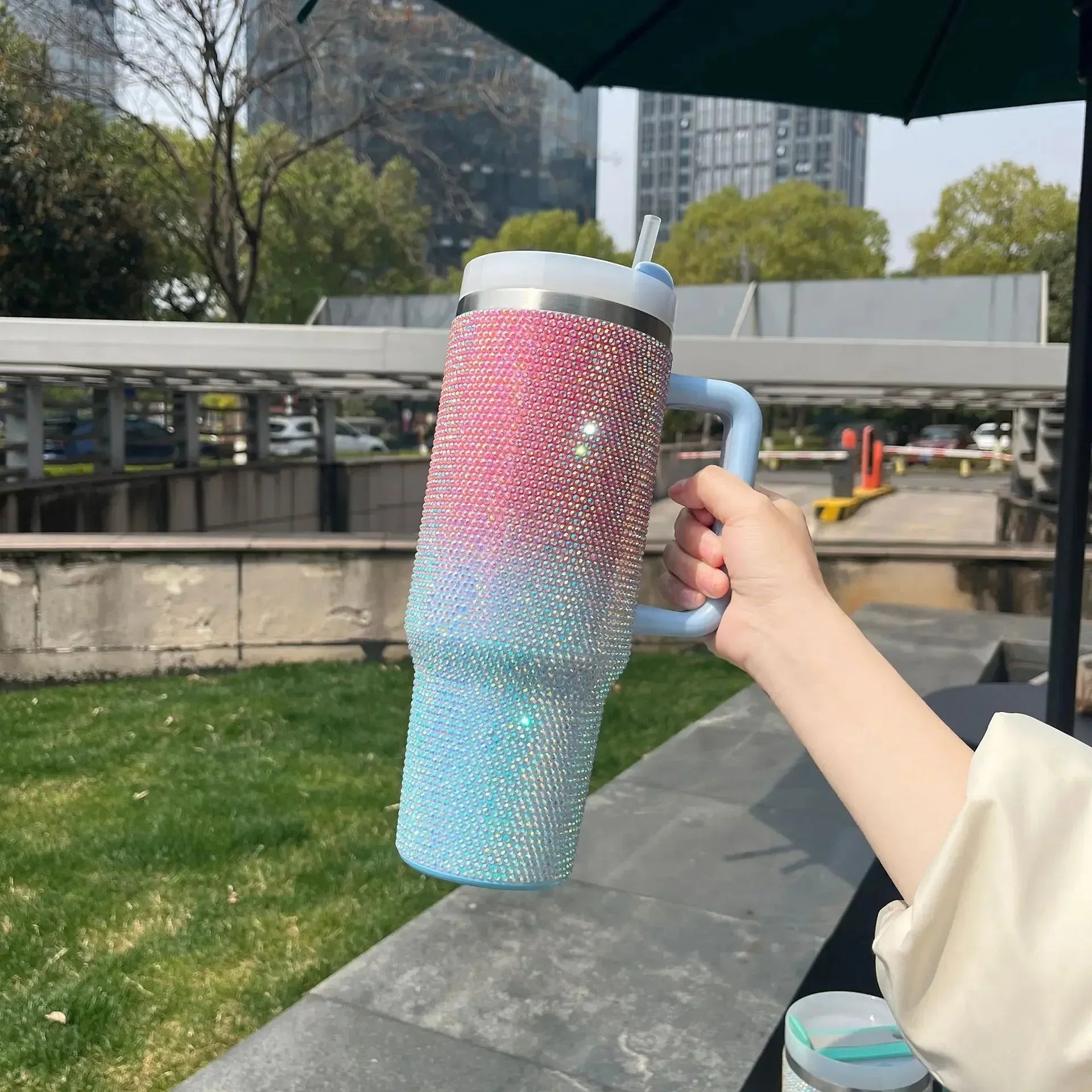 40oz Rhinestone Double Shade Tumbler with Handle (Random color) - Clarify.pk