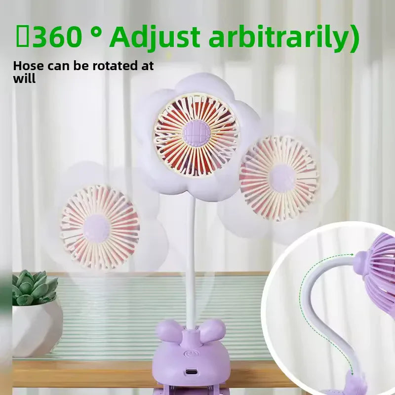 USB Rechargeable Flower Clip-on Fan – 360° Rotation with LED (Random Color) - Clarify.pk