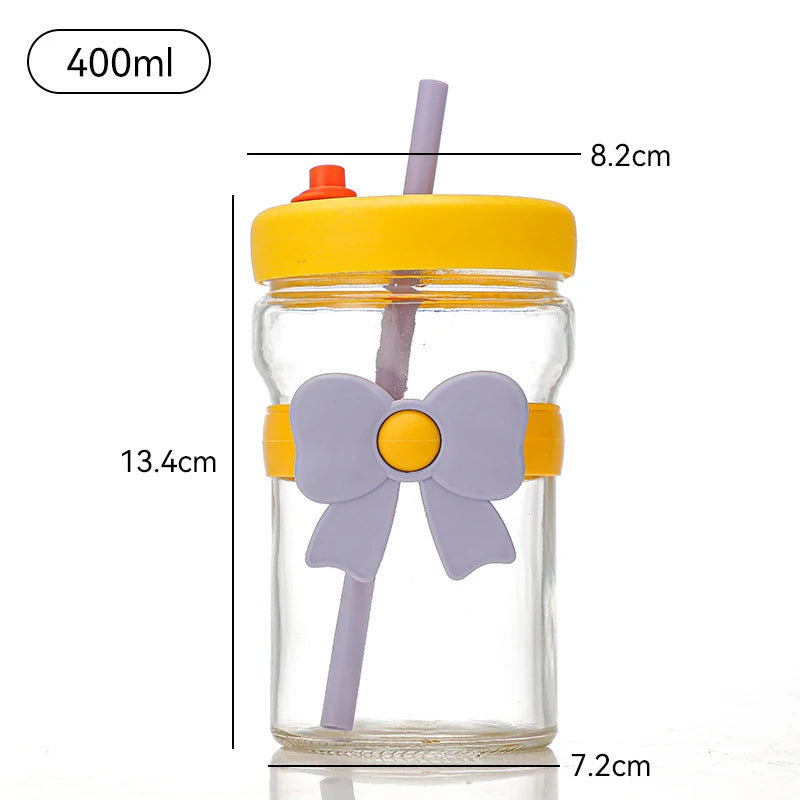 〔Rebecca〕400ml Bow Glass Straw Cup Heat Resistant Separation Filter Cups With Leak-Proof Lid