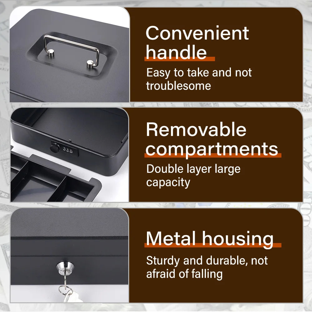 25CMx20CMx9CM Portable Money Box Password Style/Key Style Metal Cash Register Box Collection Box For Home Office Supermarket