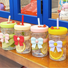 〔Rebecca〕400ml Bow Glass Straw Cup Heat Resistant Separation Filter Cups With Leak-Proof Lid
