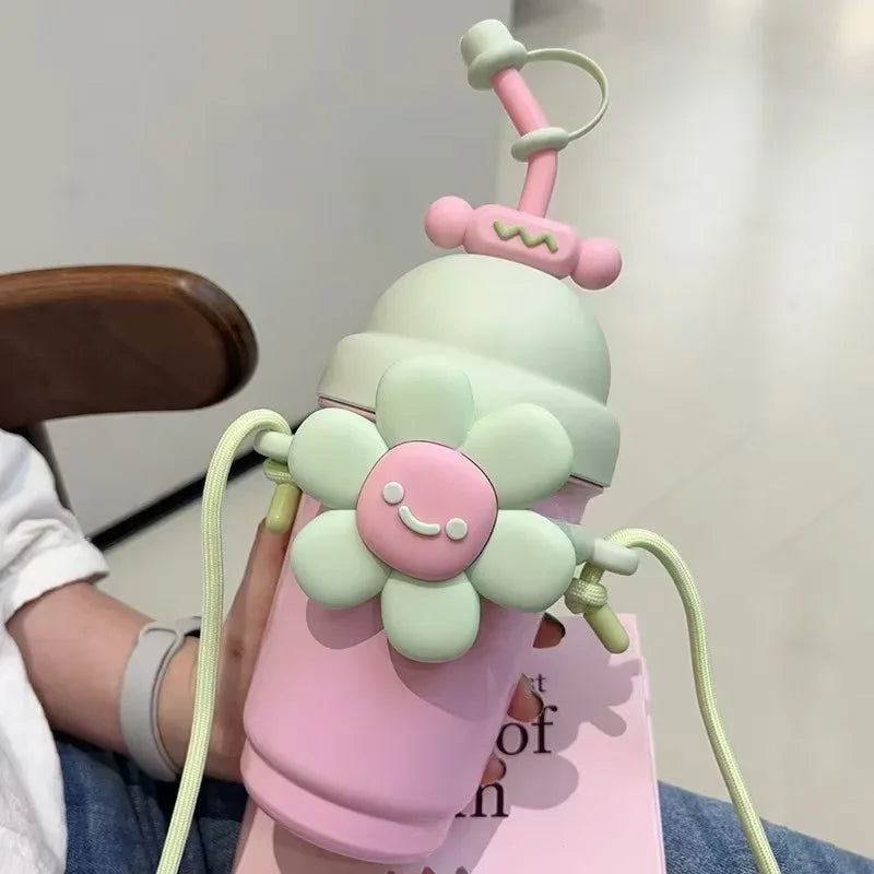 Cartoon Vacuum Straw Cup – Stainless Steel with Carry Rope - Clarify.pk