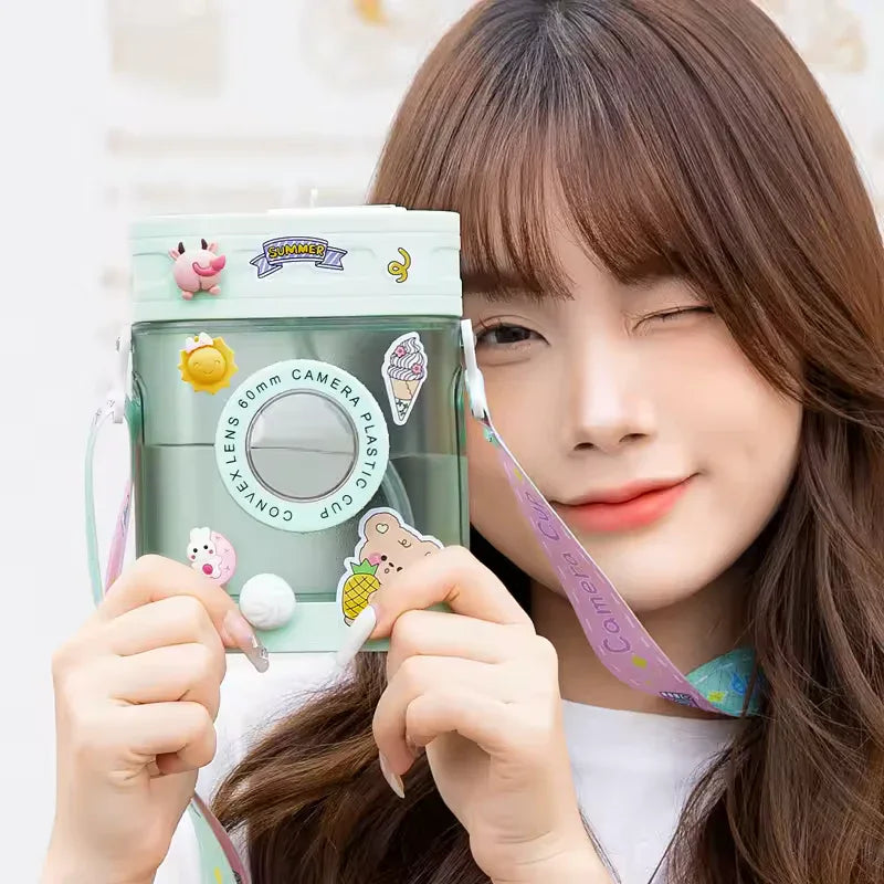 400ml Camera-Shaped Water Bottle – Kawaii Straw Bottle with Strap - Clarify.pk