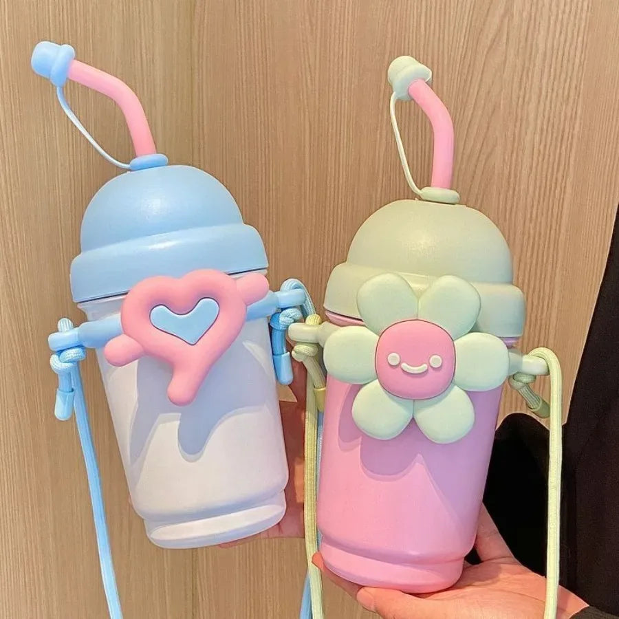 Cartoon Vacuum Straw Cup – Stainless Steel with Carry Rope - Clarify.pk