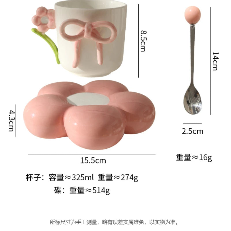 Creative Bow Ceramic Mug Home Three-dimensional Flower Coffee Cup Saucer Exquisite Girls Office Breakfast Milk Cup Birthday Gift