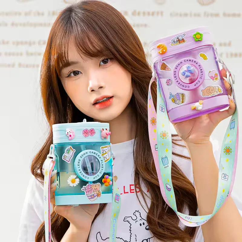 400ml Camera-Shaped Water Bottle – Kawaii Straw Bottle with Strap - Clarify.pk