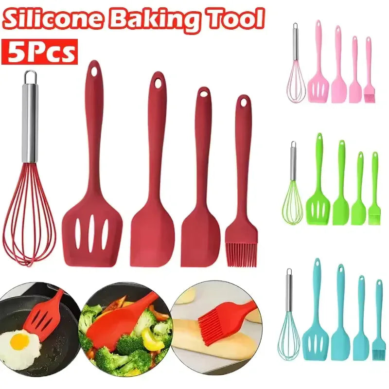 5-Piece Silicone Baking Tool Set – Scraper, Oil Brush, Shovel & Egg Beater (Random Color) - Clarify.pk