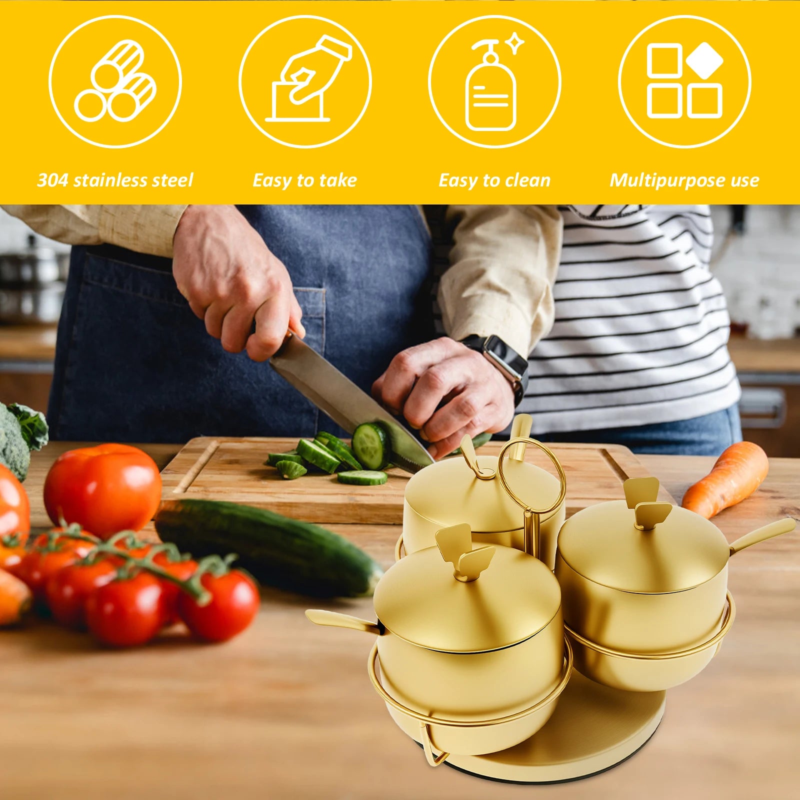 Seasoning Container Stainless Steel Sugar Container with Lid and Spoon Gold Sugar Bowl Rotating Salt Jar Seasoning Can for Salt